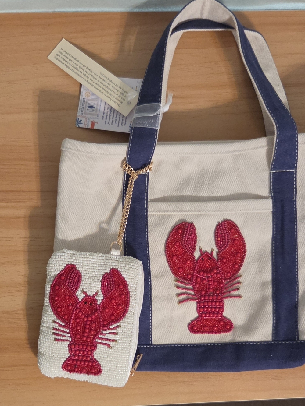 T.J.Maxx Cream Canvas Tote with Navy Trim and Red Beaded Lobster